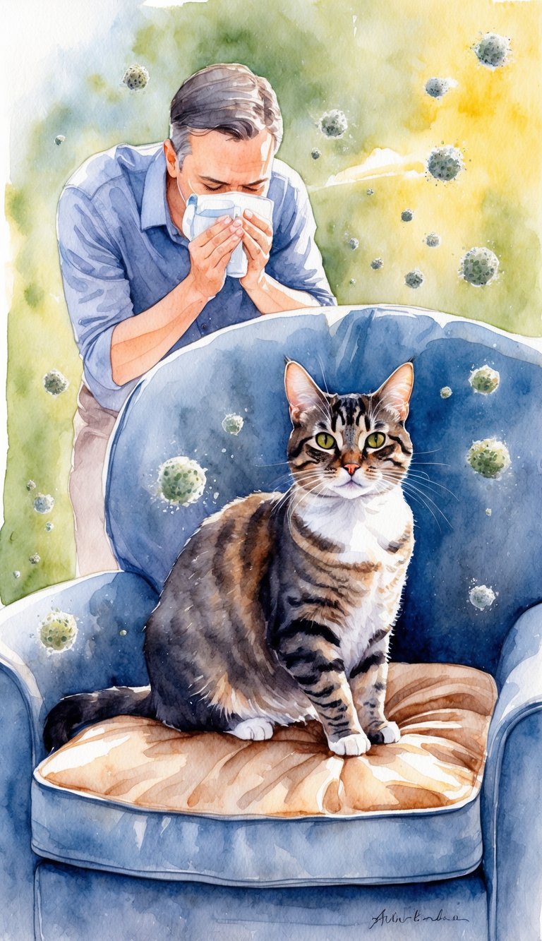 An American Shorthair cat sits on a cushioned chair, surrounded by floating allergens. A person sneezes in the background