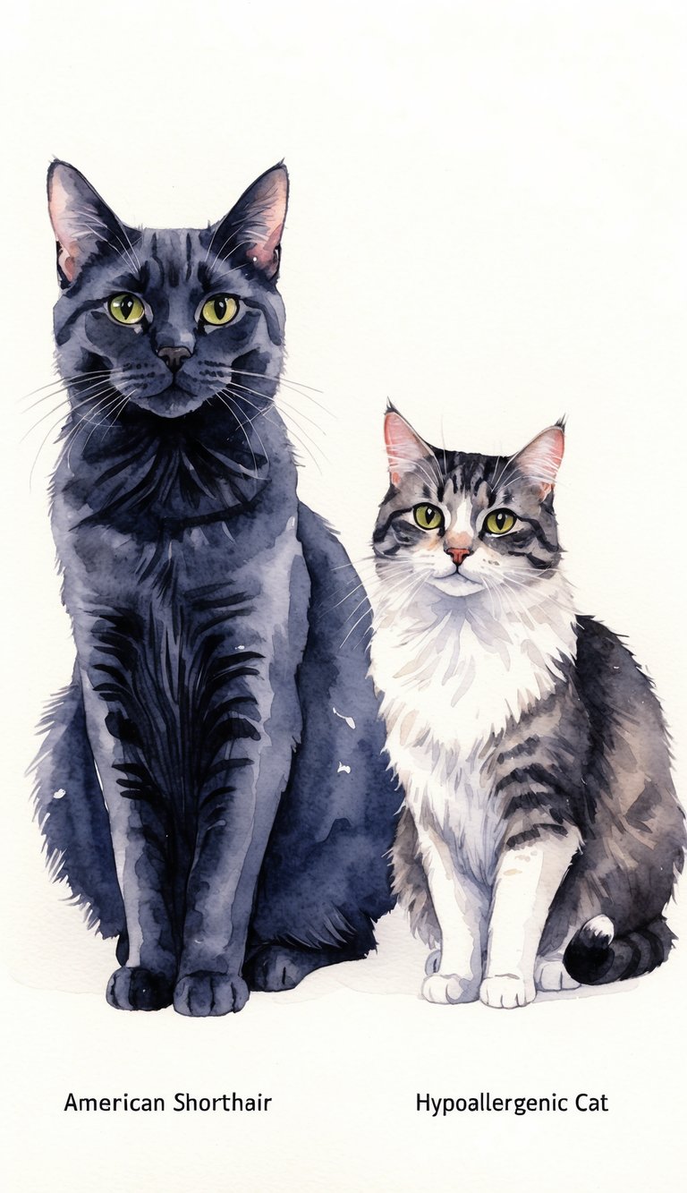 An American Shorthair cat sits next to a hypoallergenic cat, showcasing their differences in fur texture and length