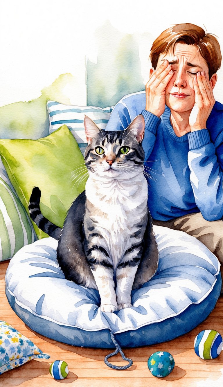 An American Shorthair cat sits on a cozy cushion, surrounded by allergy-friendly bedding and toys. A person nearby sneezes and rubs their itchy eyes