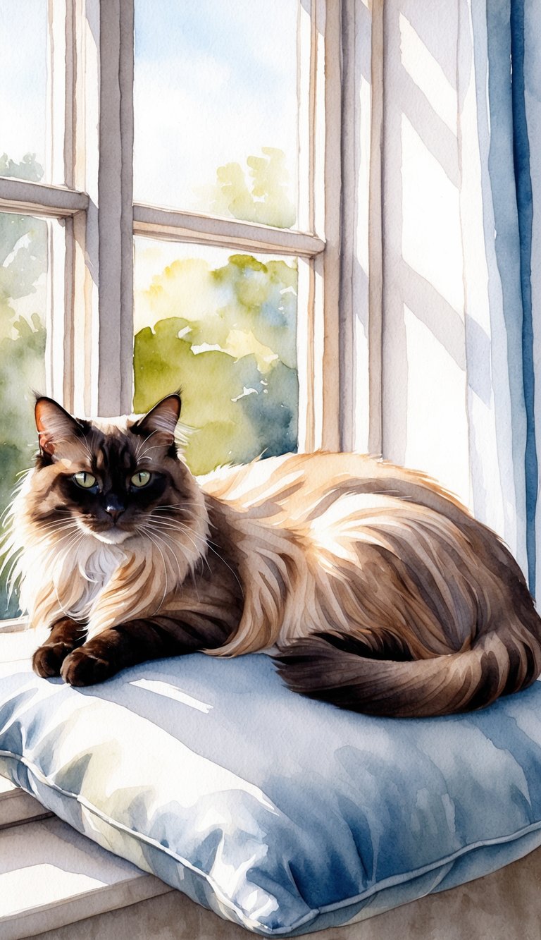 A Balinese cat lounges gracefully on a cushioned window perch, its elegant, long-haired form framed by the sunlight streaming in from outside
