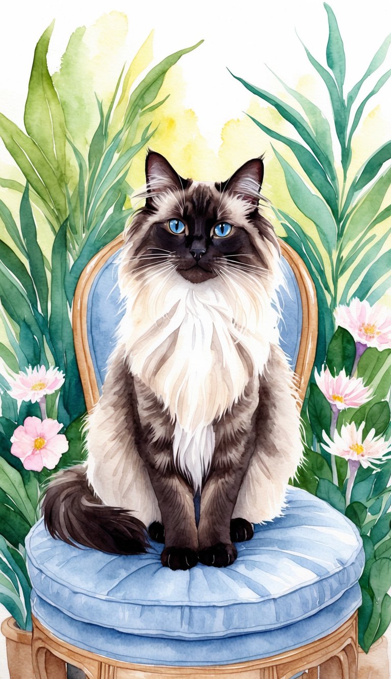 A Balinese cat with long, silky fur sits gracefully on a cushioned chair, surrounded by hypoallergenic plants and flowers