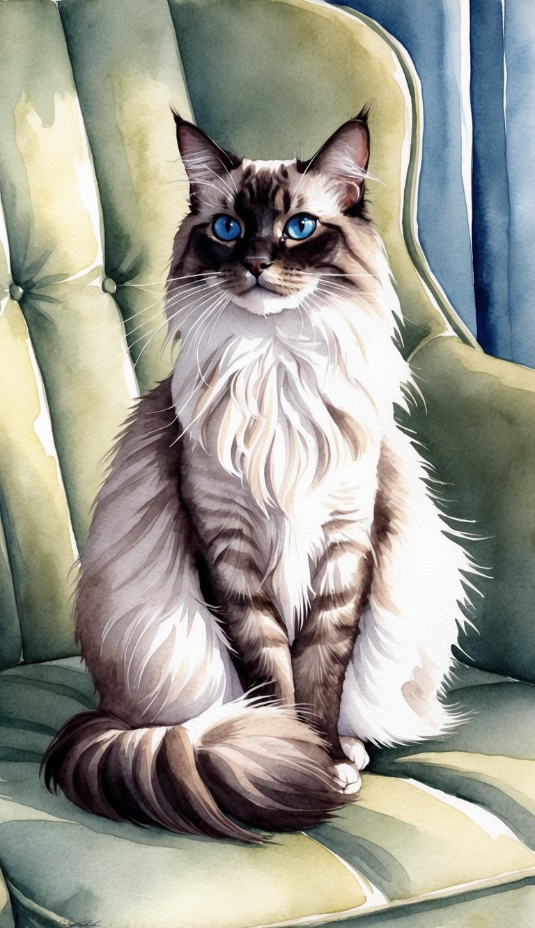 A sleek Balinese cat with long, elegant fur sits gracefully on a cushioned chair, its piercing blue eyes gazing off into the distance