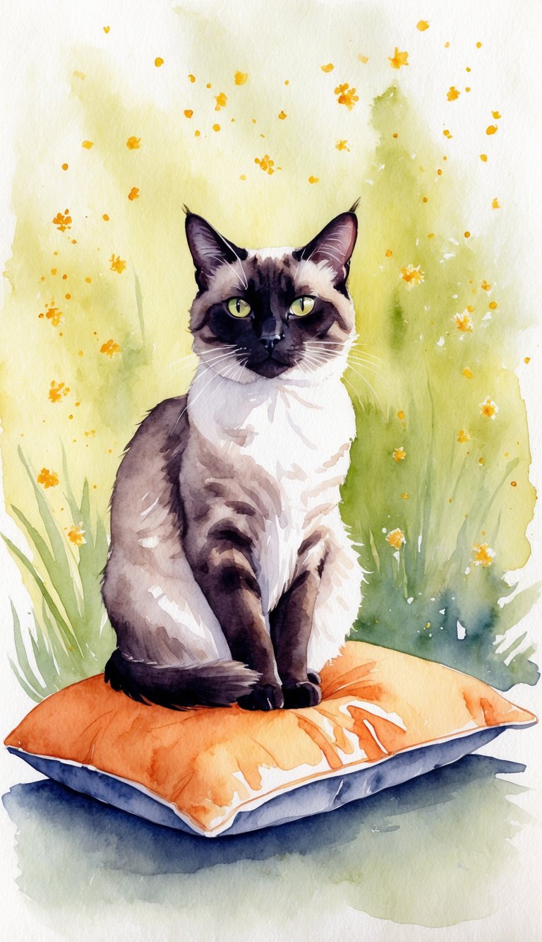 A Balinese cat sitting gracefully on a cushion, surrounded by floating pollen particles