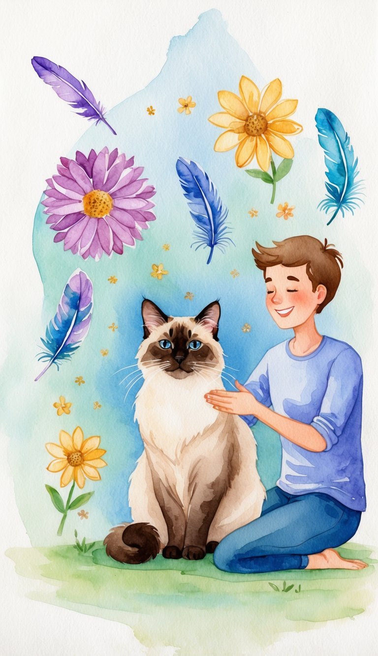 A serene Balinese cat sits gracefully, surrounded by hypoallergenic symbols like flowers and feathers, while a person with allergies happily pets the cat without any reaction