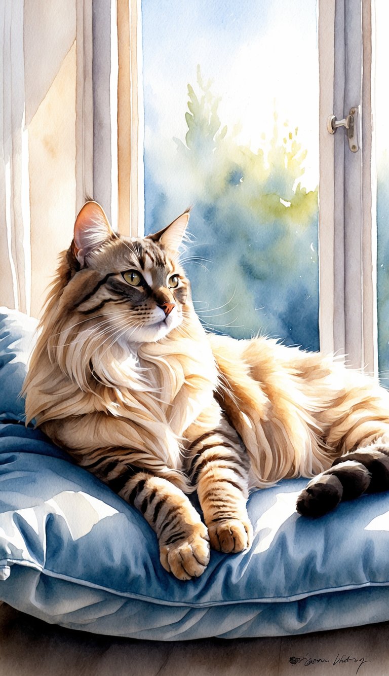 A Birman cat lounges on a plush cushion, surrounded by soft sunlight filtering through a window. Its long, silky fur glistens as it gazes serenely out at the world