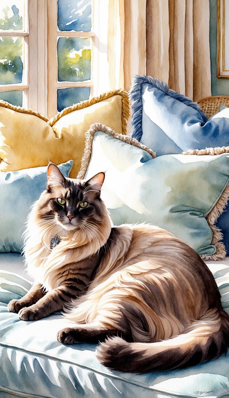 A regal Birman cat lounges in a sunlit room, surrounded by soft pillows and elegant decor. Its long, silky fur glistens in the light, exuding an air of elegance and grace