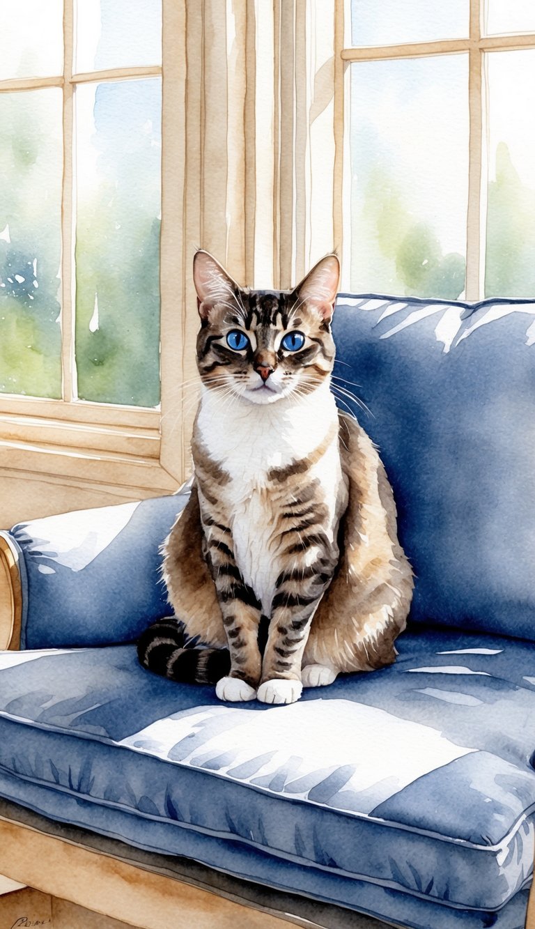 A Birman cat with striking blue eyes sits gracefully on a cushioned window seat, surrounded by sunlight streaming through the window