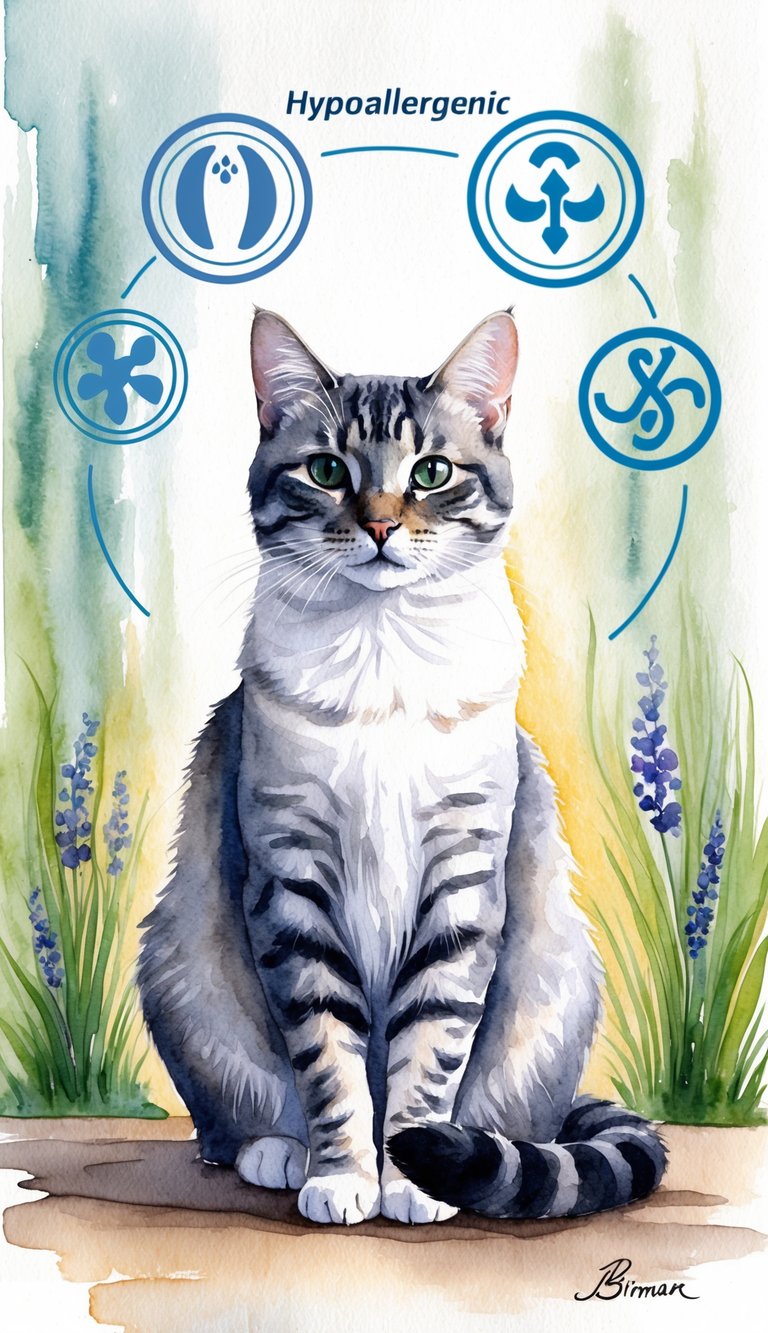A Birman cat with a calm and gentle temperament sits gracefully, surrounded by hypoallergenic symbols and a serene environment