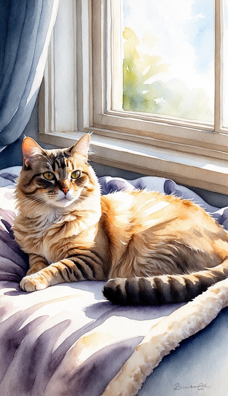 A Birman cat lounges gracefully on a soft, plush blanket, surrounded by gentle sunlight streaming through a window. Its luxurious fur glistens with a hint of golden hue, exuding an air of elegance and serenity
