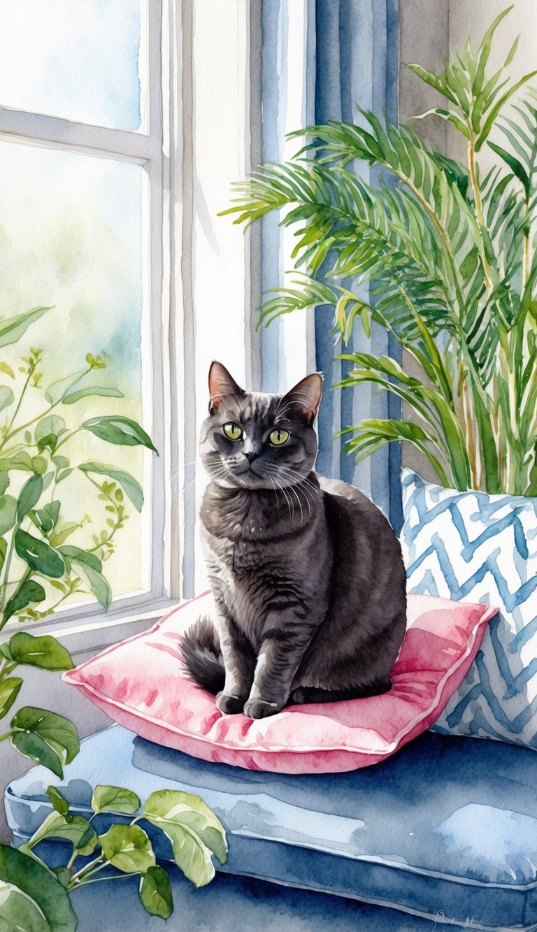 A British Shorthair cat sits elegantly on a plush cushion, surrounded by hypoallergenic plants and a gentle breeze flowing through an open window