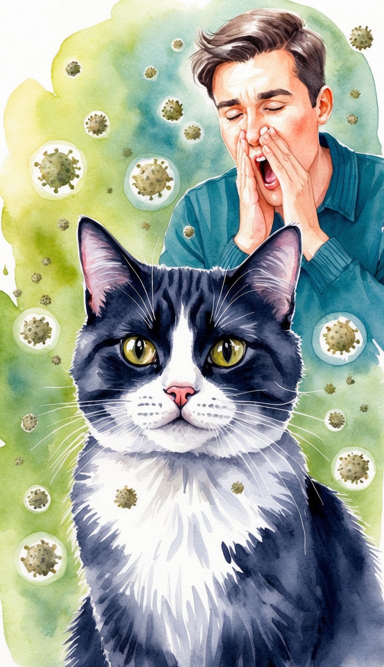 A British Shorthair cat surrounded by floating allergens, with a sneezing person in the background
