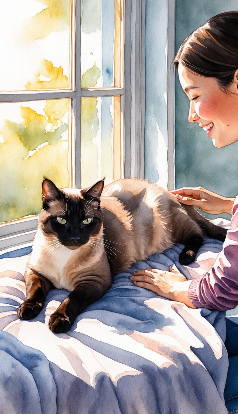 A Burmese cat lounges on a soft blanket, its sleek fur glistening in the sunlight streaming through a window. A person sits nearby, petting the cat and smiling