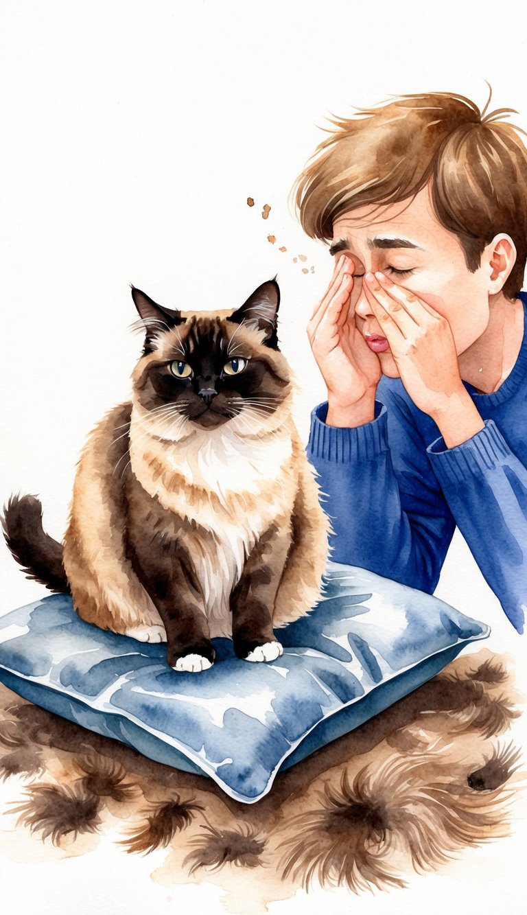 A Burmese cat sitting on a cushion, surrounded by scattered fur and a person sneezing and rubbing their itchy eyes