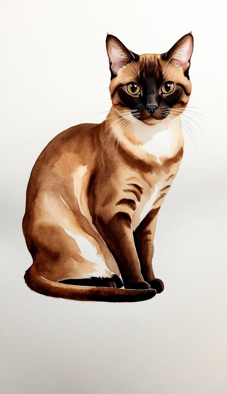 A Burmese cat with sleek, short fur sits gracefully, its round eyes gazing intently. The cat's coat is a warm sable color, with a hint of chocolate shading
