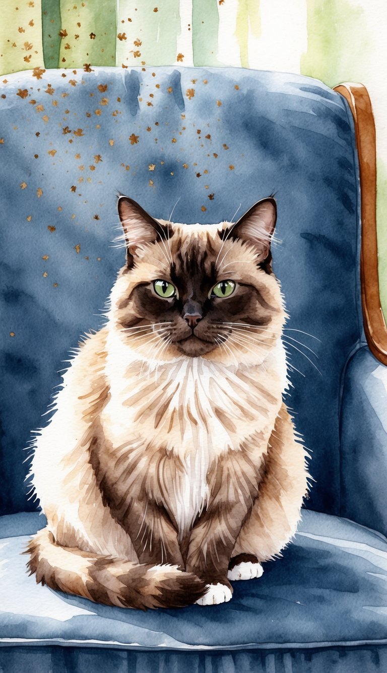 A Burmese cat sits on a cozy chair, shedding its fine, short fur. Allergen particles float in the air around the cat