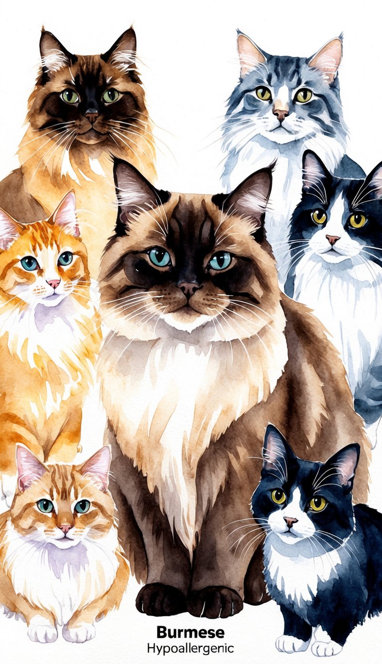 A Burmese cat surrounded by different breeds, with a focus on its hypoallergenic qualities