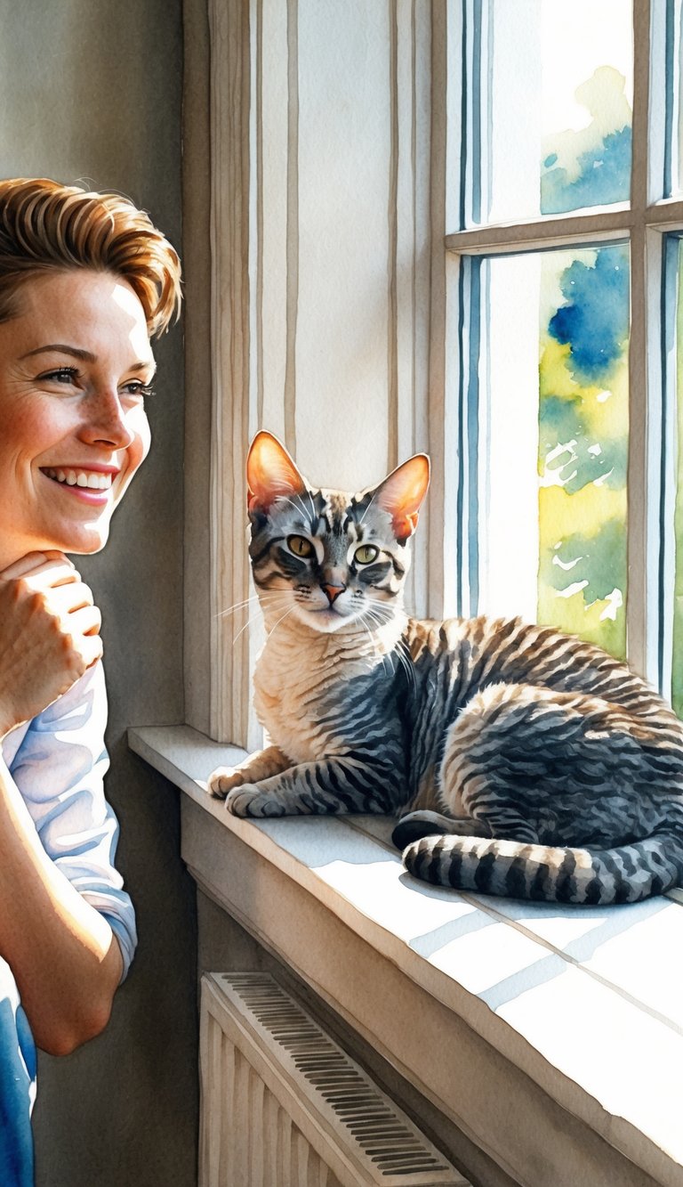 A Cornish Rex cat lounges on a sunny windowsill, its sleek, curly coat glistening in the light. A person nearby smiles, showing no signs of allergies