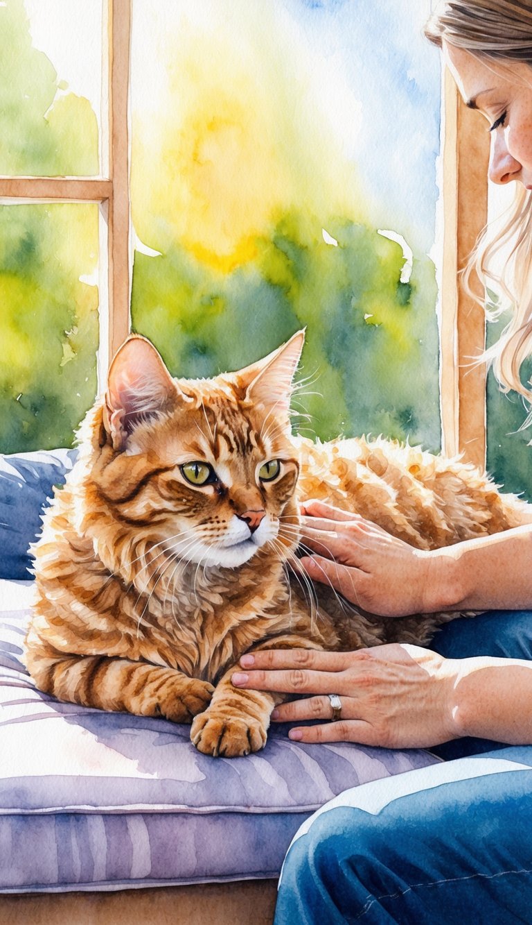 A Cornish Rex cat lounges in a sunlit room, its curly coat glistening. A person with no allergy symptoms sits nearby, petting the contented feline
