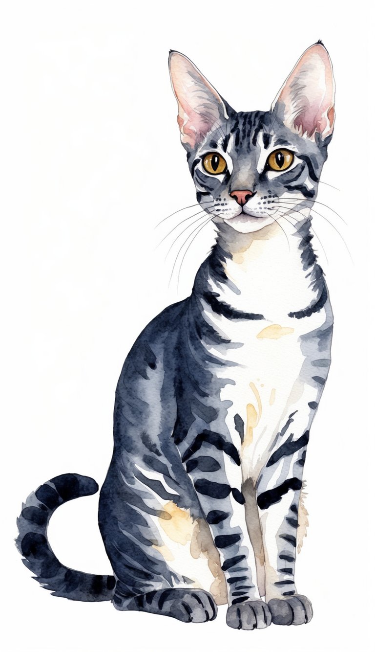 A sleek Cornish Rex cat with distinctive curly fur sits elegantly, its slender body and large ears capturing the unique profile of the breed