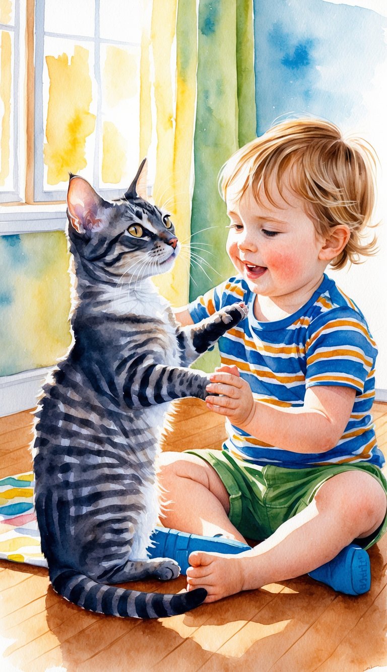 A Cornish Rex cat playing in a sunny room with a child who is not showing any signs of allergies