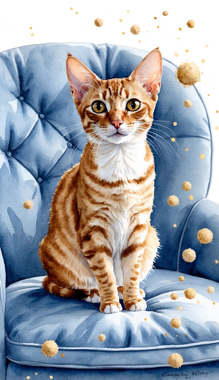 A Cornish Rex cat sitting on a cushioned chair, with a curious expression, surrounded by floating allergen particles