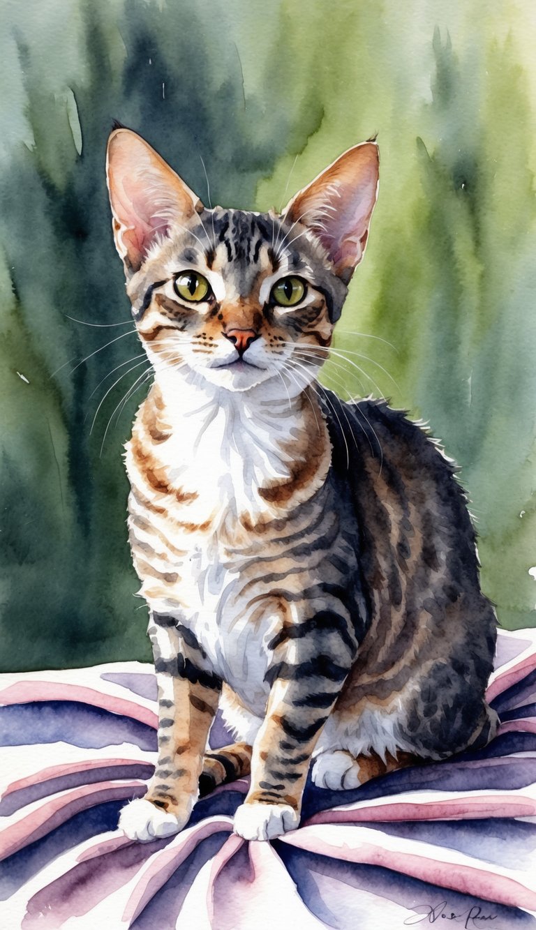 A Devon Rex cat sitting calmly on a soft blanket, with its unique curly coat and large ears on display