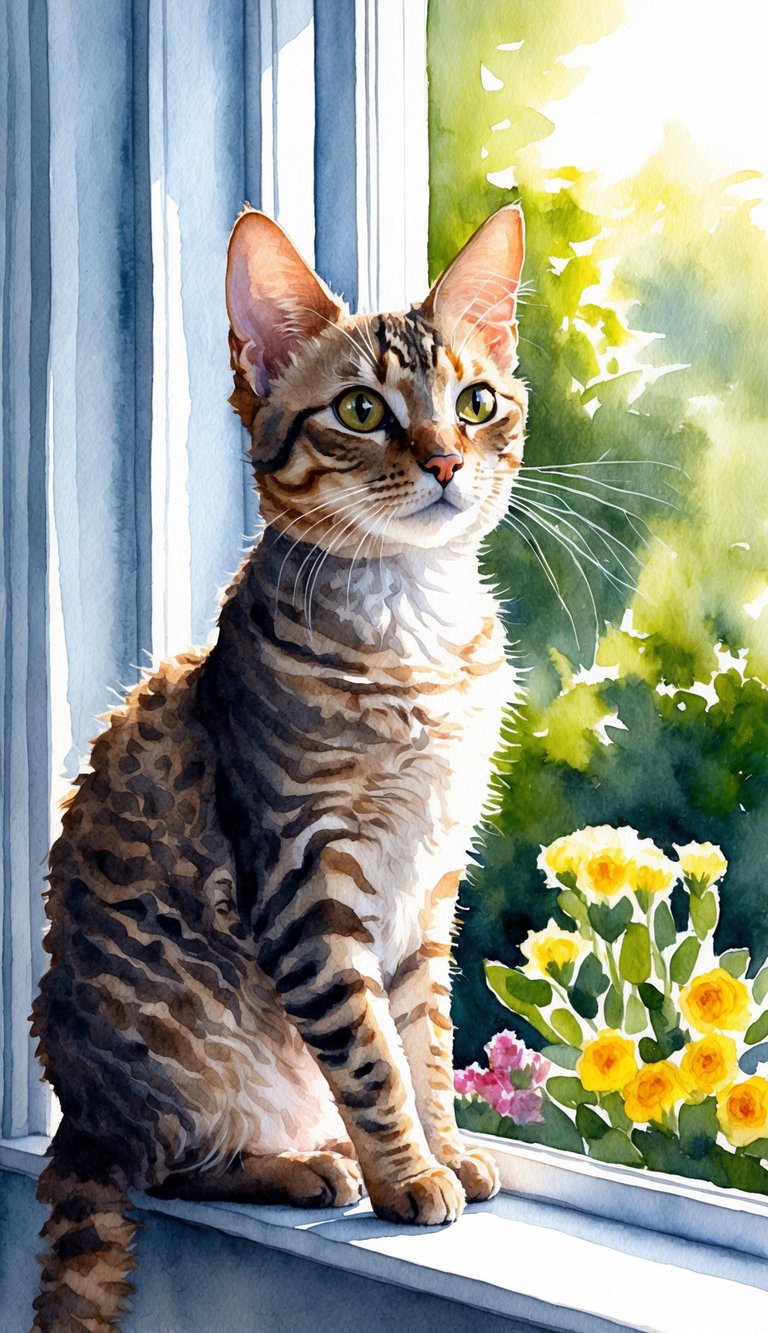 A Devon Rex cat with curly fur sits on a window sill, gazing out at a garden. Sunlight streams in, illuminating its unique coat