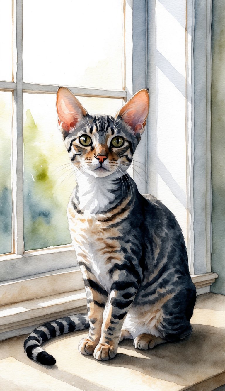 A Devon Rex cat with large ears and short curly fur sits elegantly, surrounded by gentle sunlight filtering through a window