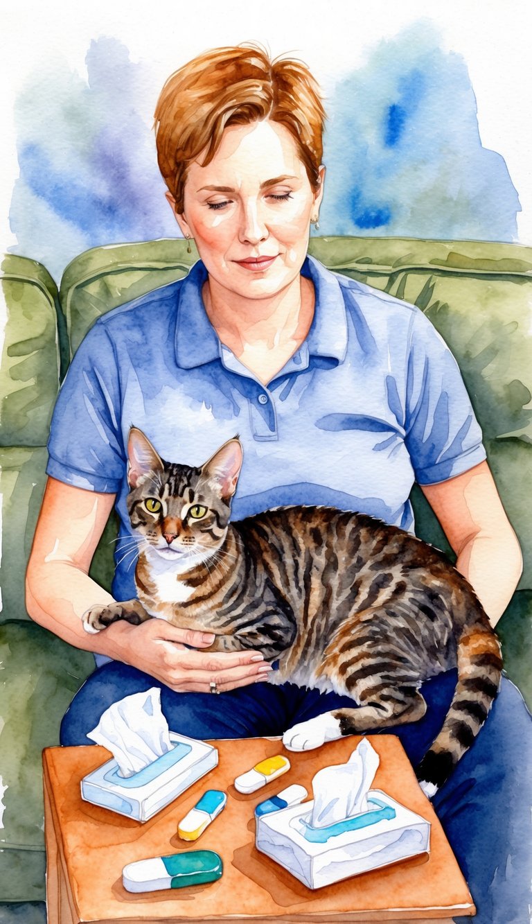 A person sitting on a couch with a Devon Rex cat on their lap, surrounded by allergy medication and tissues