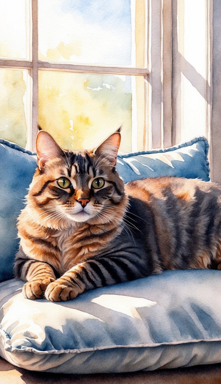 An Exotic Shorthair cat lounges on a plush cushion, surrounded by gentle sunlight streaming through a window. Its luxurious fur and expressive eyes captivate the viewer