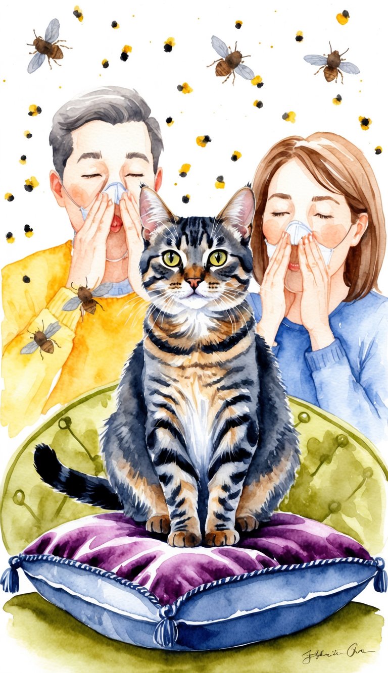 An Exotic Shorthair cat sitting on a velvet cushion, surrounded by floating pollen and sneezing human figures in the background