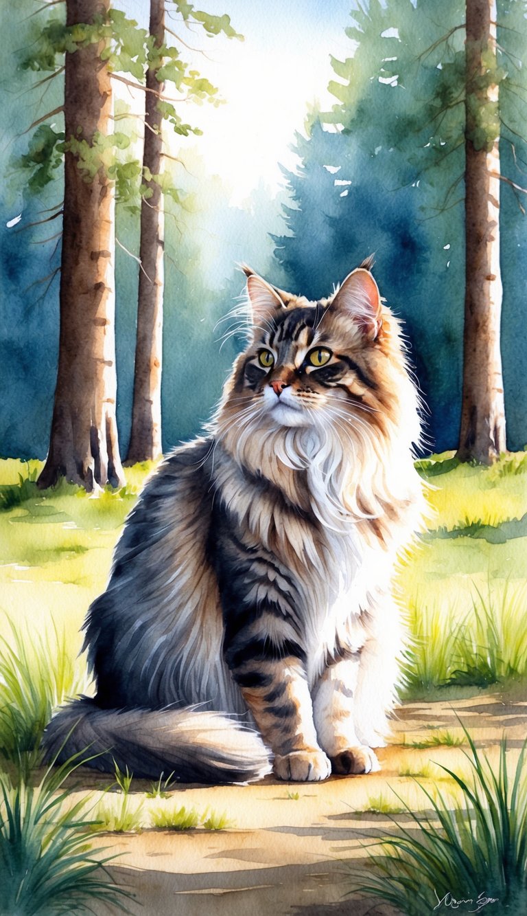 A Norwegian Forest Cat sits majestically in a sunlit forest clearing, its long, luxurious fur catching the light as it gazes off into the distance