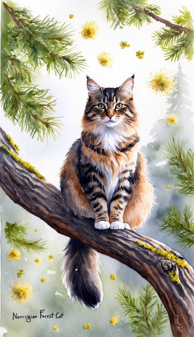 A Norwegian Forest Cat sits majestically on a tree branch, surrounded by floating allergens like pollen and dander