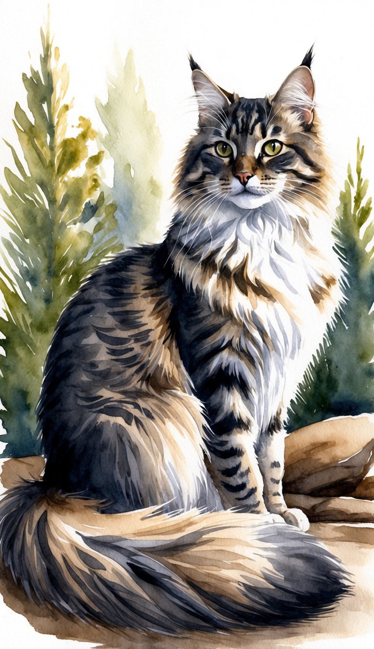 A Norwegian Forest Cat sits majestically, its long, bushy tail curled around its body. Its tufted ears and thick fur exude an air of regal elegance
