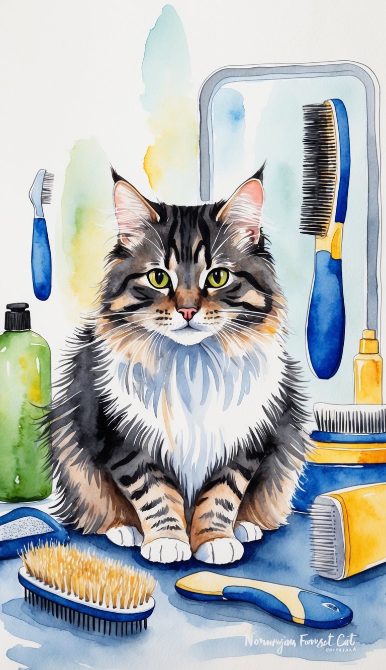 A Norwegian Forest cat being groomed with a brush, surrounded by grooming supplies and a clean, well-maintained environment