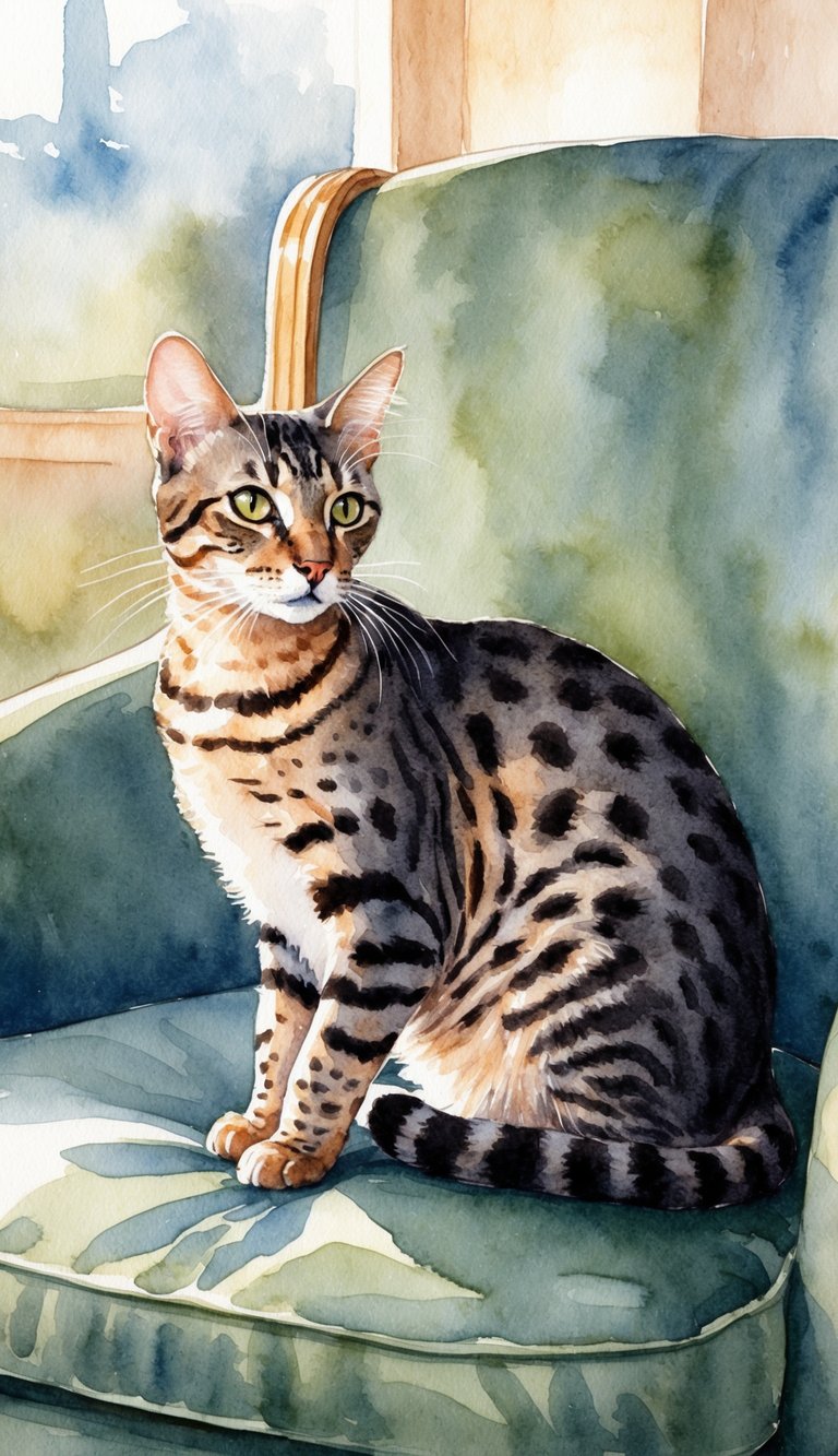 An Ocicat cat with a sleek, spotted coat sits comfortably on a cushioned chair, its alert gaze fixed on something in the distance