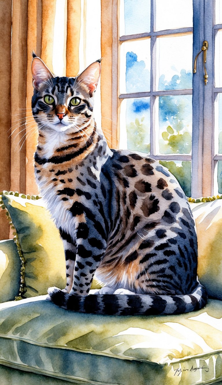 An Ocicat cat sitting majestically on a cushion, with its sleek and spotted coat glistening under the sunlight streaming through a window