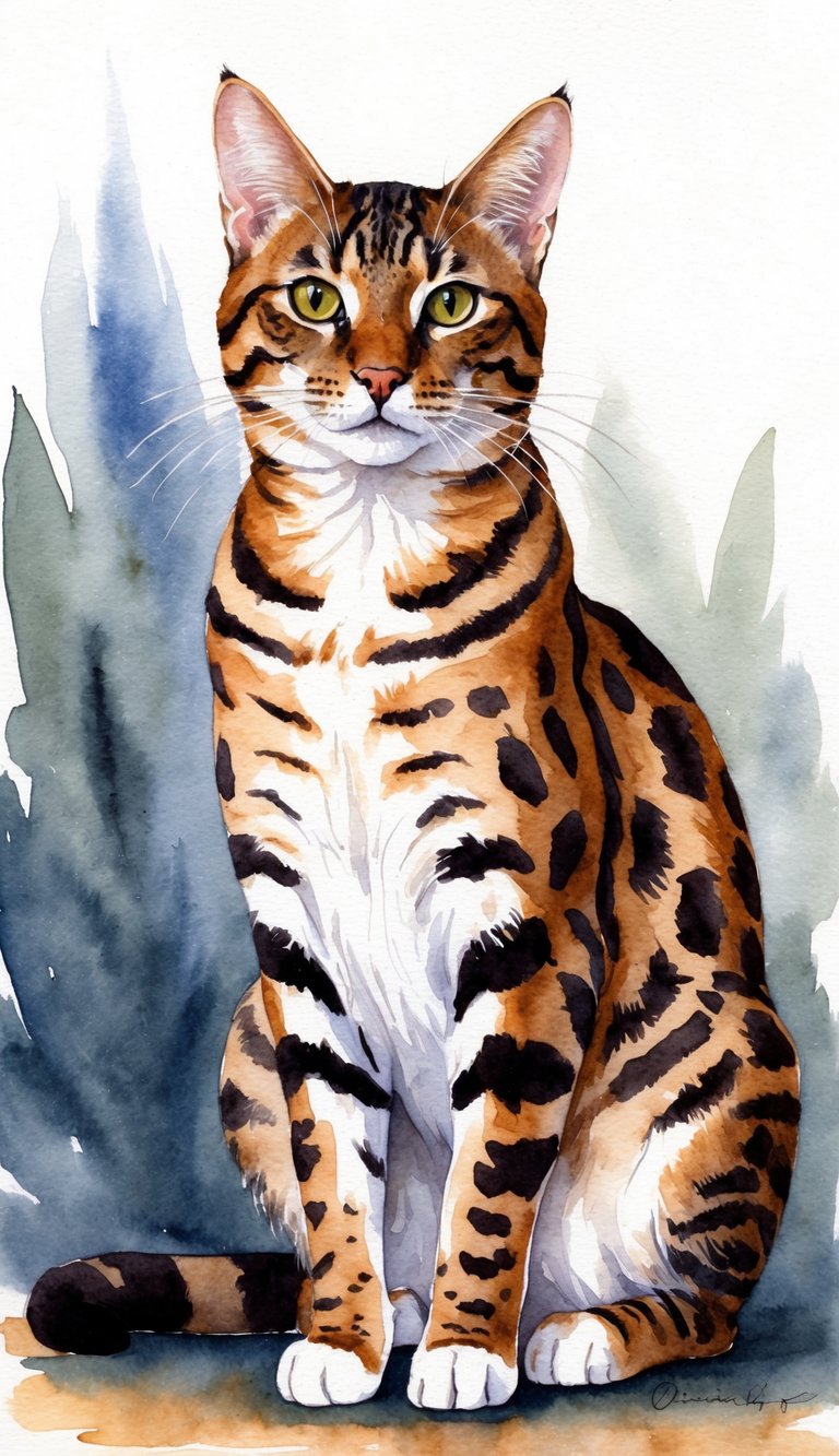 An Ocicat cat with distinctive spots and a sleek, muscular build sits proudly, exuding confidence and elegance