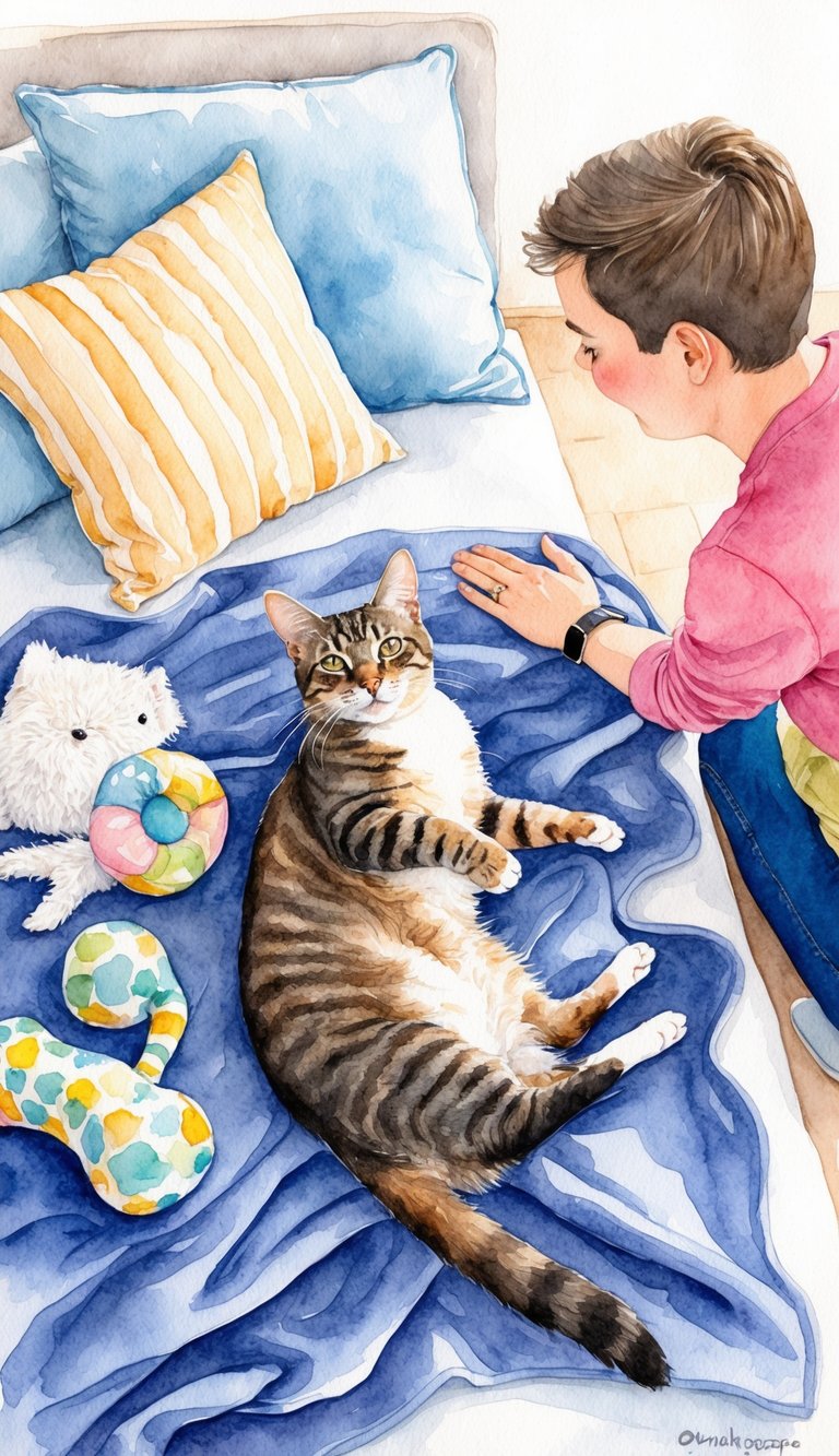 An Ocicat lounges on a soft blanket, surrounded by hypoallergenic bedding and toys. A person with no allergy symptoms happily interacts with the cat