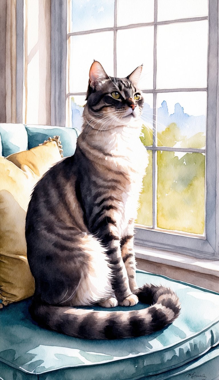 An Oriental cat sits majestically on a cushioned chair, its sleek coat glistening in the sunlight filtering through the window. A serene expression graces its face as it gazes out at the world beyond