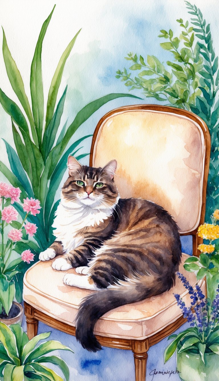 An Oriental cat lounging on a cushioned chair, surrounded by hypoallergenic plants and flowers, with a serene and content expression on its face