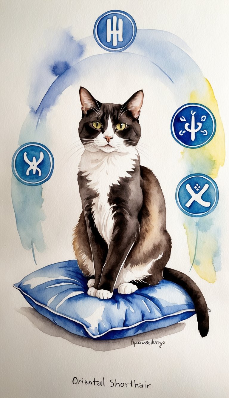 An Oriental Shorthair cat sitting gracefully on a cushion, with its sleek coat and elegant posture, surrounded by hypoallergenic symbols