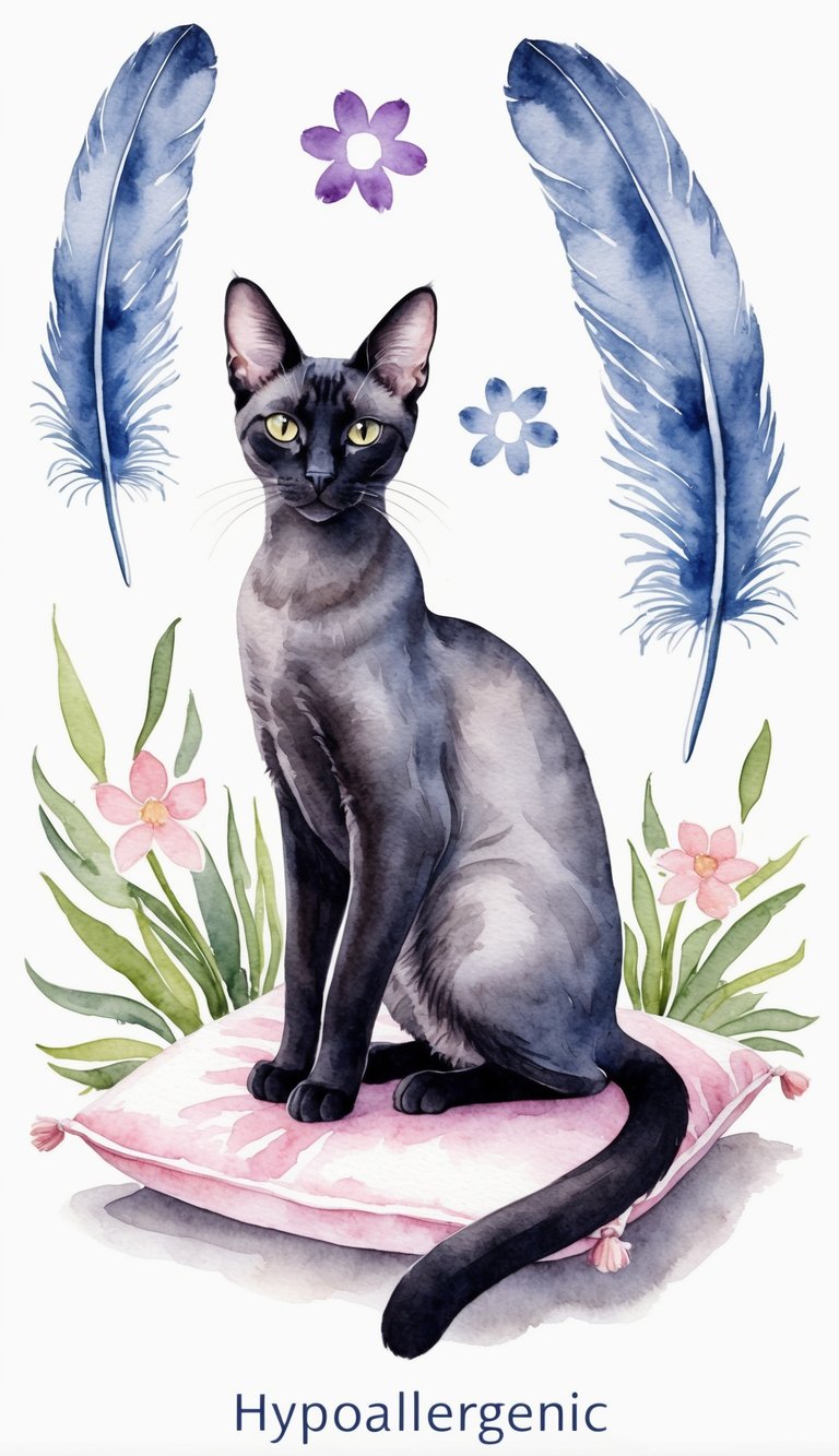 An Oriental cat with sleek, slender body and large ears sits gracefully on a cushion, surrounded by hypoallergenic symbols like feathers and flowers
