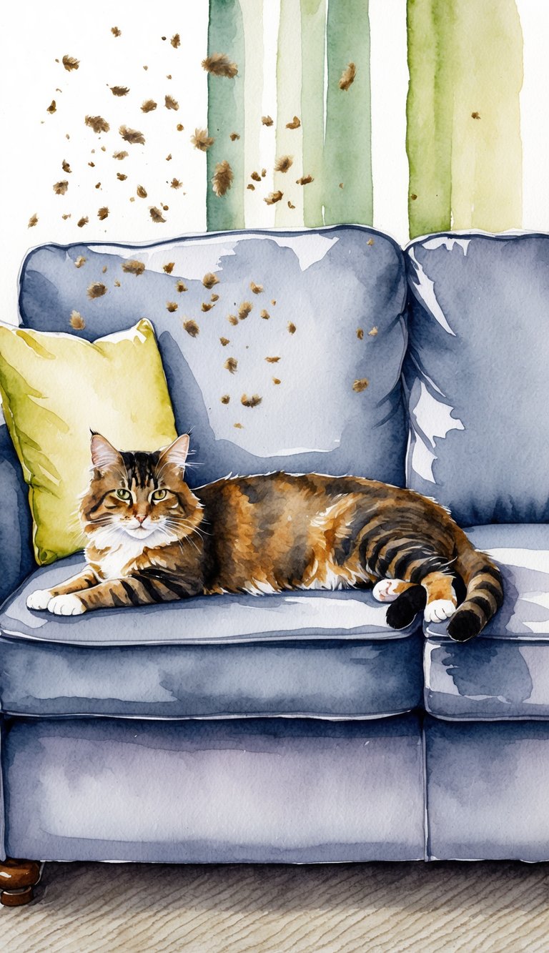 An Oriental cat lounges on a plush sofa, shedding fur. Allergen particles float in the air, settling on furniture and carpet