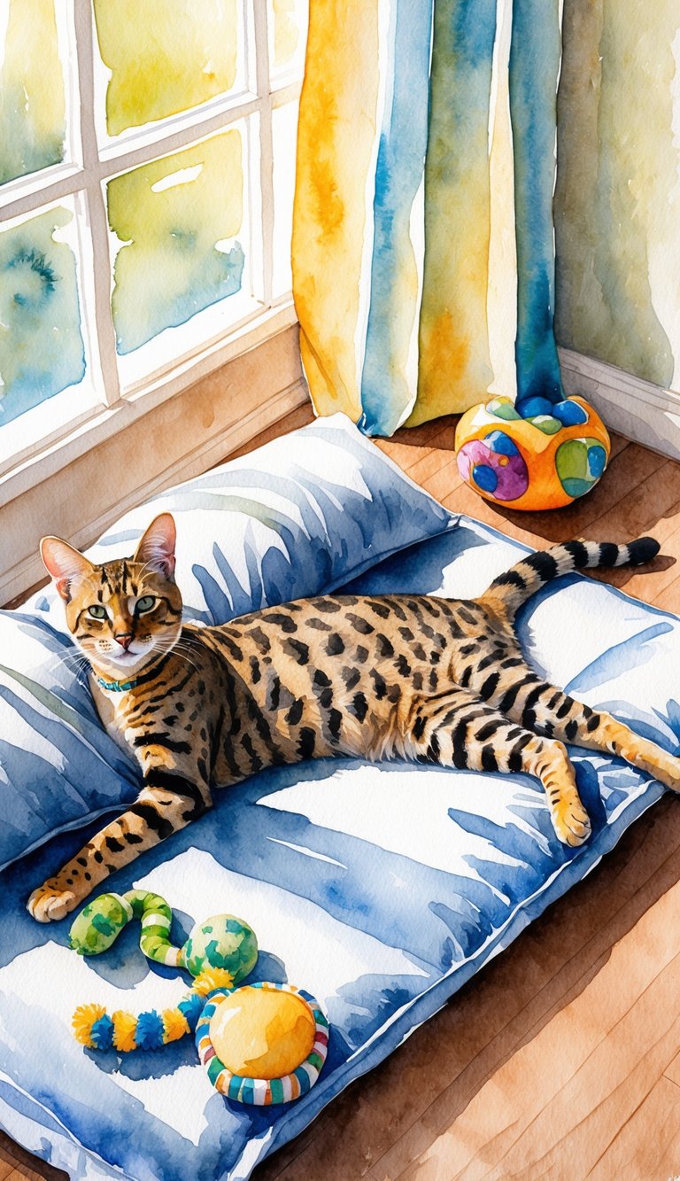 A Savannah cat lounging in a sunlit room, surrounded by hypoallergenic bedding and toys