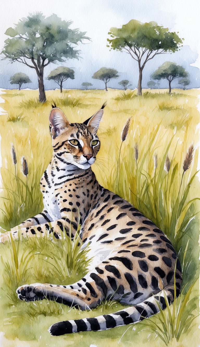 A Savannah cat lounges in a grassy savannah, surrounded by tall grass and a few scattered trees. Its sleek and muscular body is adorned with spotted fur, and its pointed ears perk up as it watches its surroundings