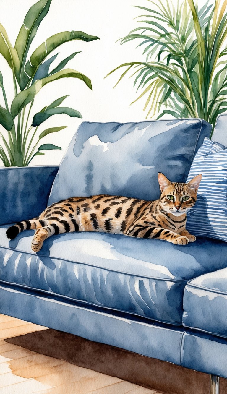 A Savannah cat lounges on a sleek modern sofa, surrounded by hypoallergenic furniture and plants, with a serene expression on its face