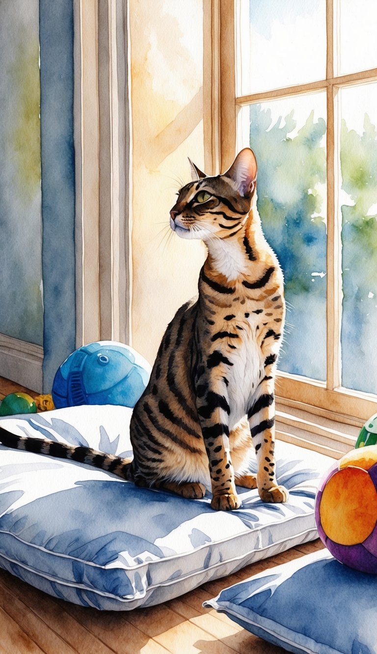 A Savannah cat sits gracefully in a sunlit room, surrounded by hypoallergenic bedding and toys. Its sleek coat glistens as it gazes out the window