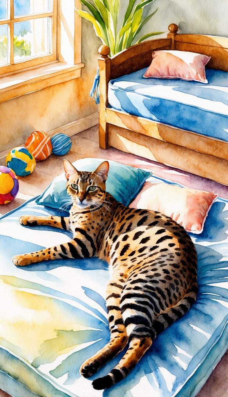 A Savannah cat lounges in a sunlit room, surrounded by toys and a cozy bed. Its sleek, spotted coat glistens as it stretches out comfortably