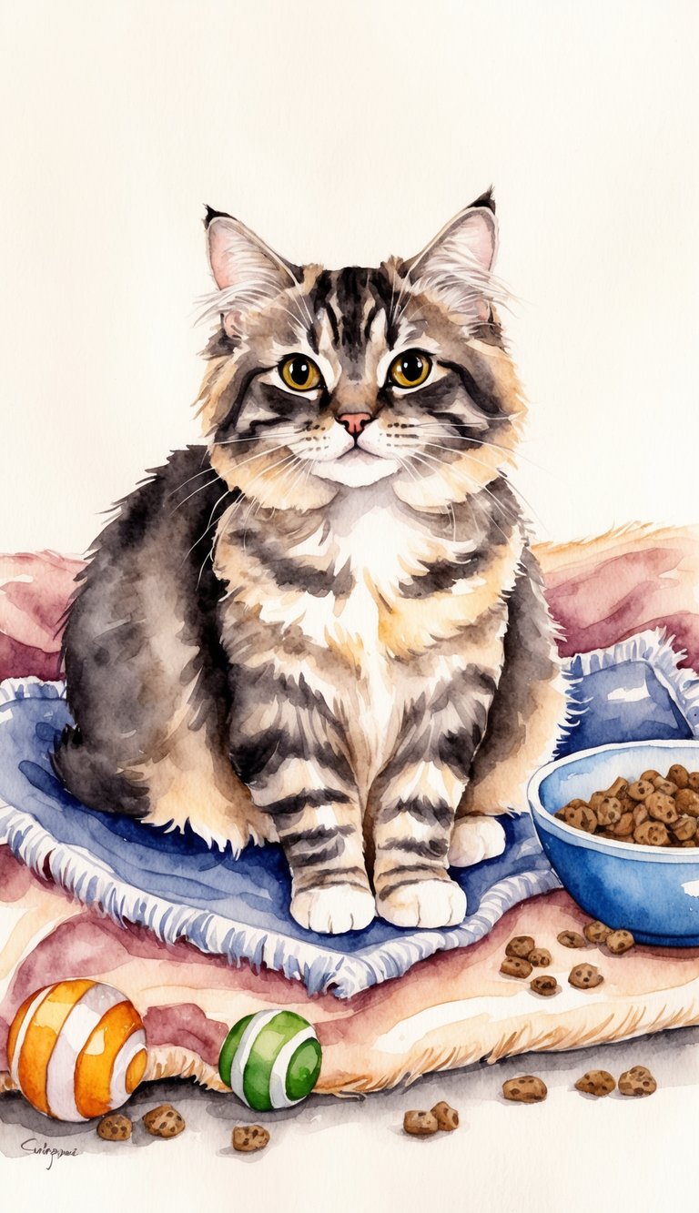 A Scottish Fold cat sits on a cozy blanket, surrounded by scattered cat toys and a bowl of kibble. The cat's fur is fluffy and its ears are folded forward, giving it a cute and curious expression